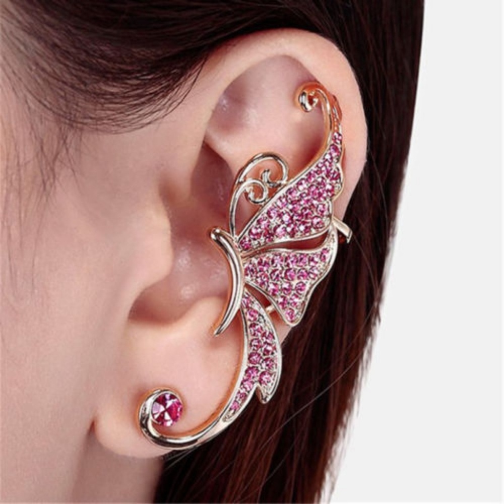 Gold Pink Crystal Butterfly Ear Cuff Wrap Earring